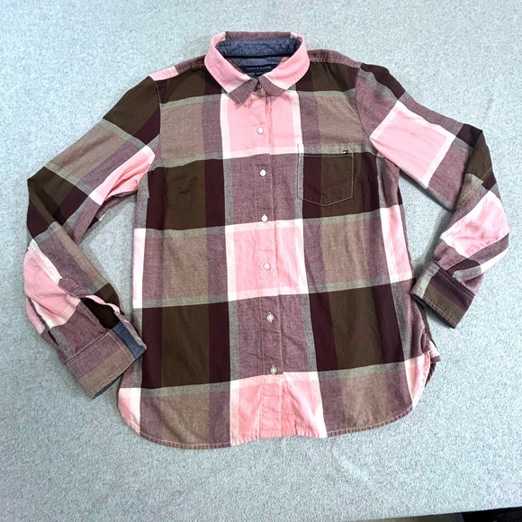 Tommy Hilfiger Tops - Tommy Hilfiger Button Down Womens S Pink Brown Plaid Long Sleeve Shirt Flannel